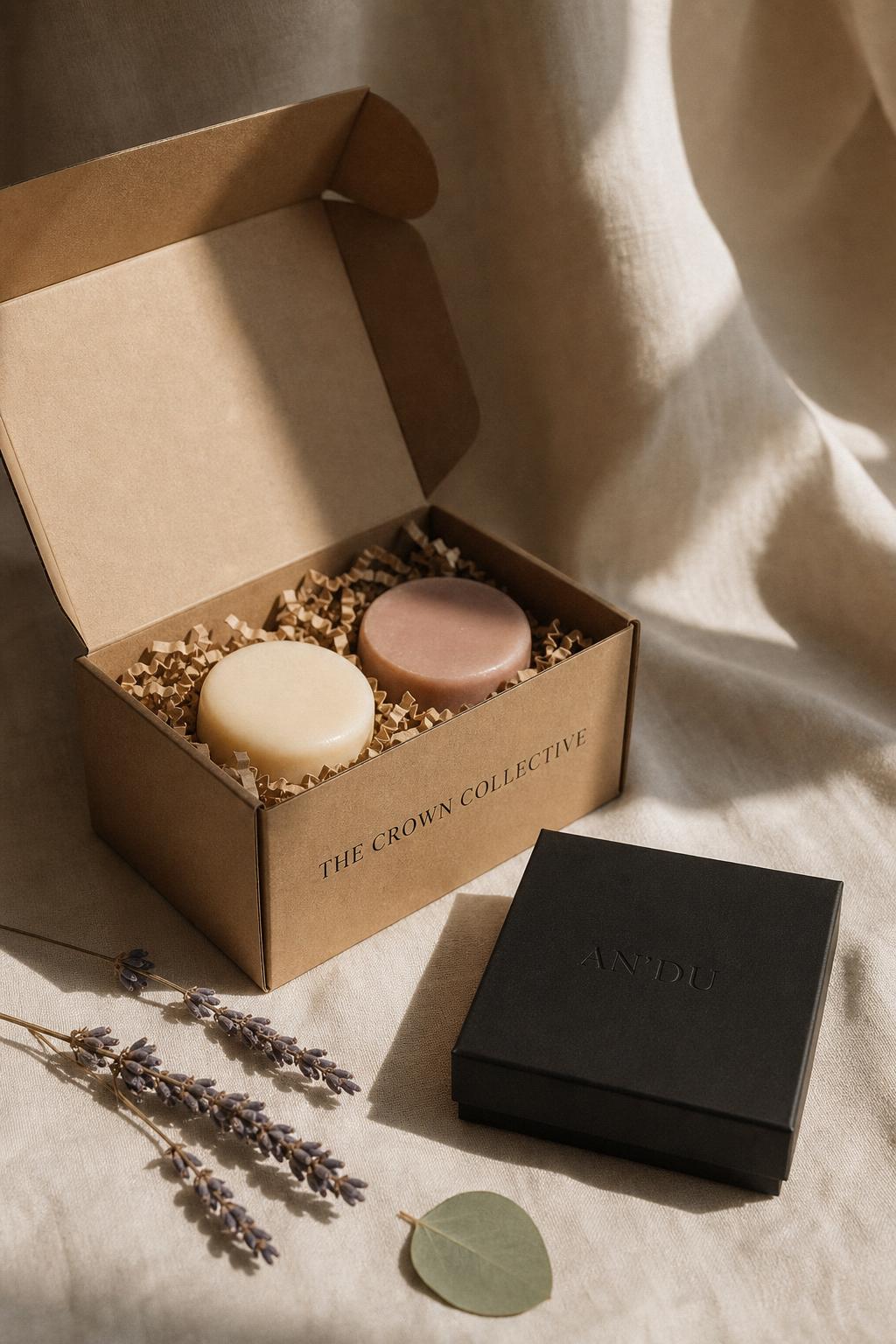 The Crown Collective box with two haircare bottles